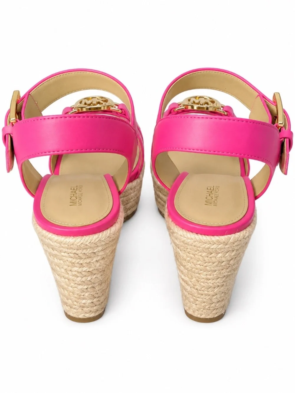 Michael Michael Kors Size 8M Pink Espadrille Wedge Sandals Gold Logo
